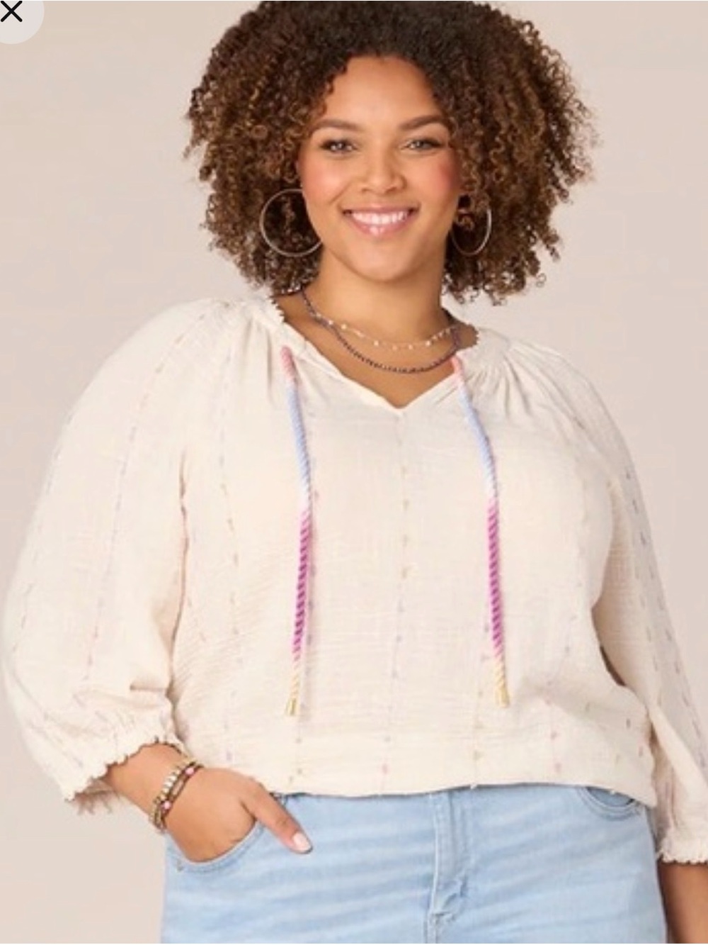 Democracy Cream Peasant Top with Multicolor Tie Cords